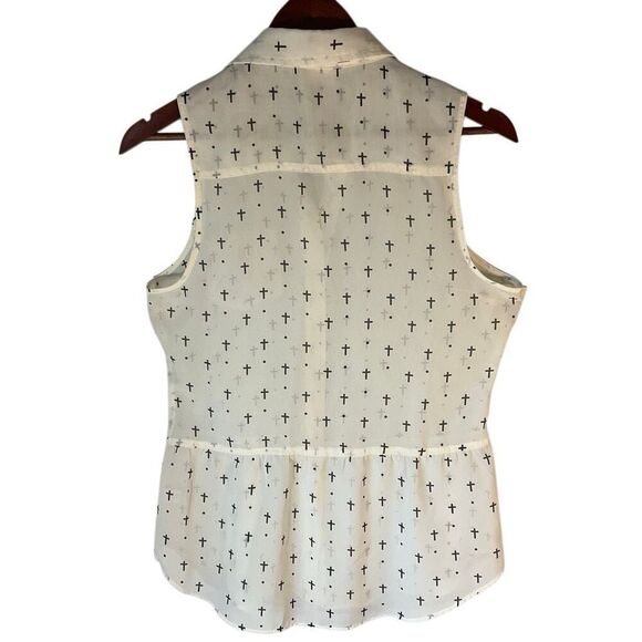 LA Hearts Sheer Peplum Sleeveless Button Up. Ivory with Crosses. Size M - Picture 2 of 10